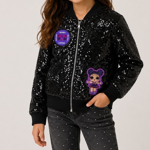 LOL Surprise Remix Other - LOL Surprise Remix Girls Black Sequin Bomber Jacket Music Lover Patch Size 10/12